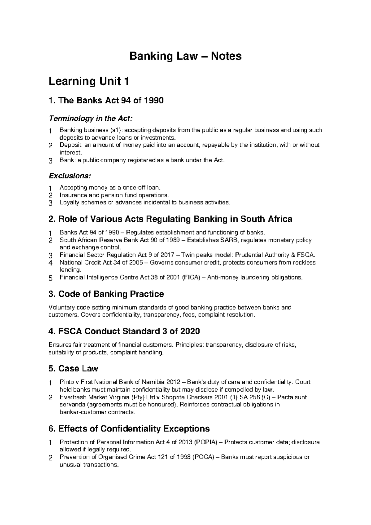 Banking Law Notes - TEST 1: Understanding the Banks Act and Regulations ...