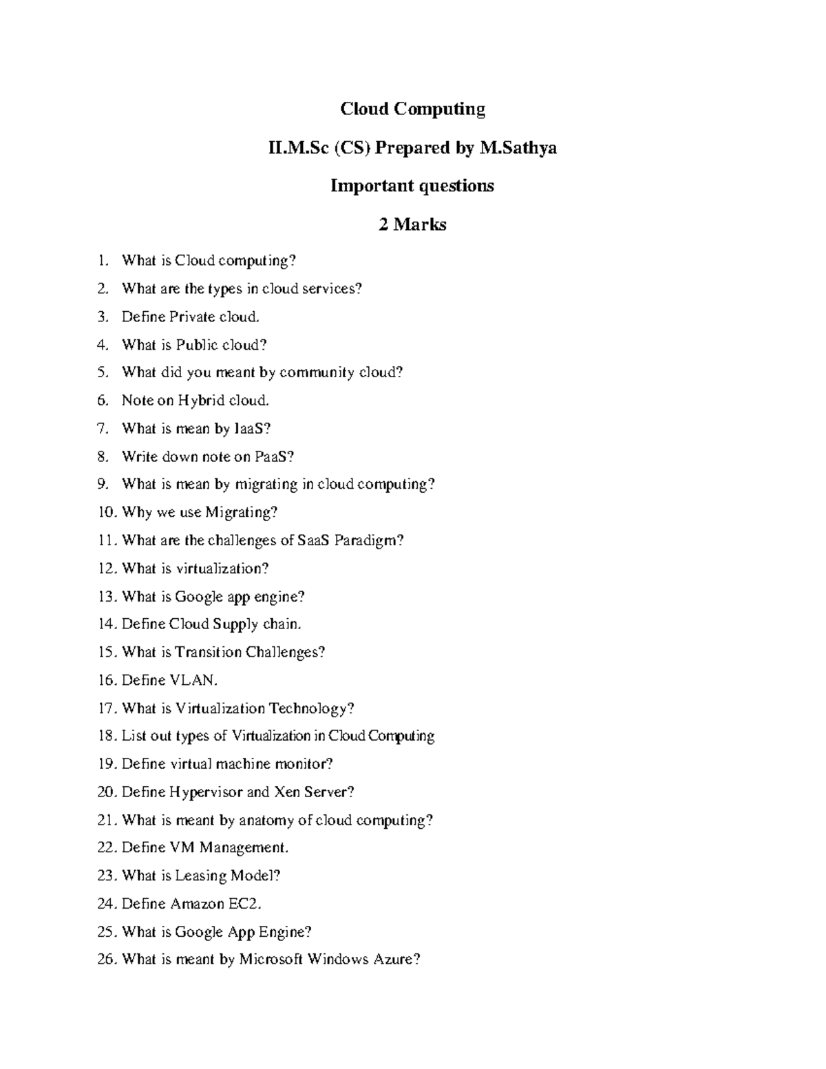 Cloud Computing Questions: M.Sc (CS) Important 2 & 10 Marks - Studocu