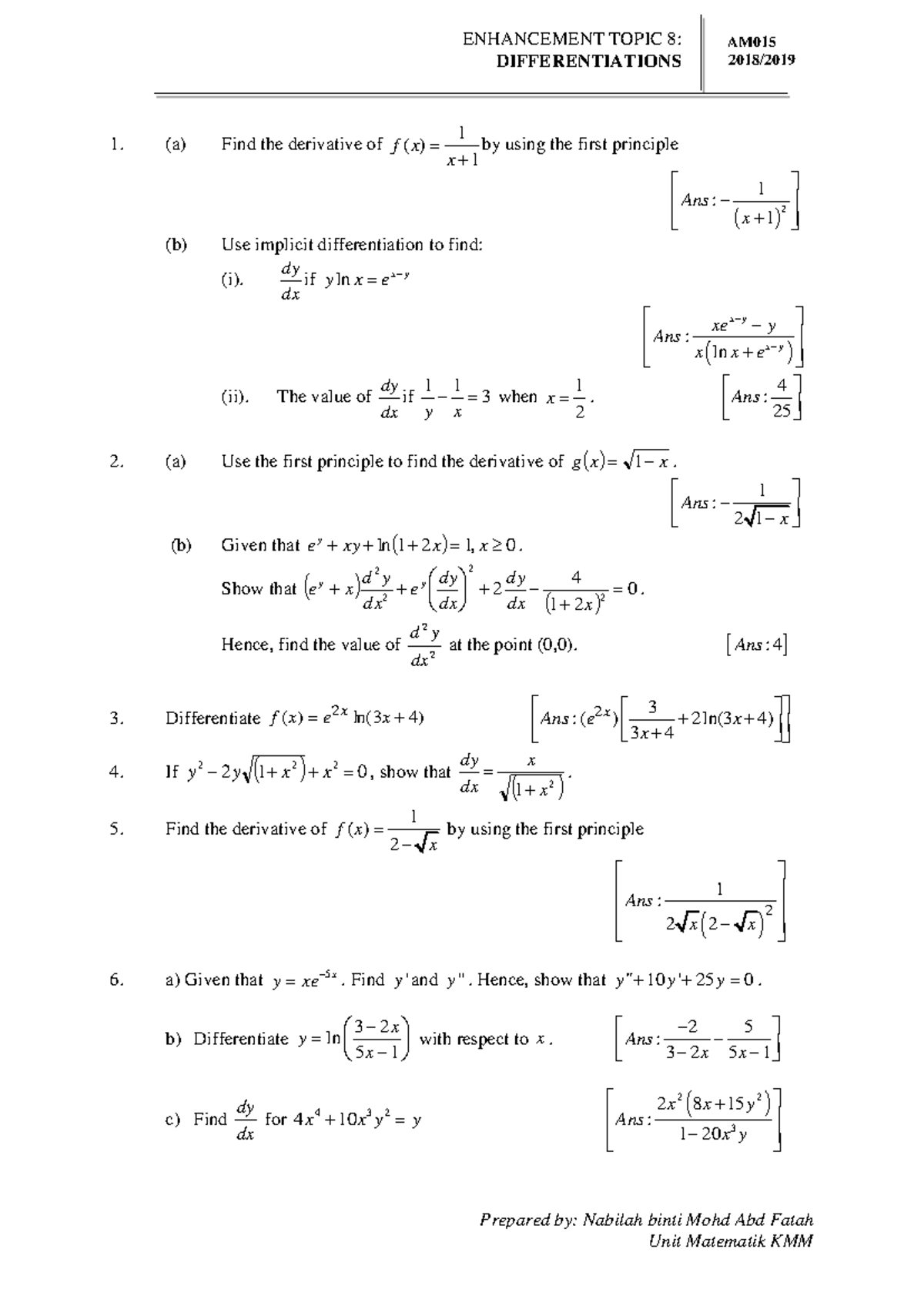 AM015 Topic 8: Differentiations and Implicit Derivatives - Studocu