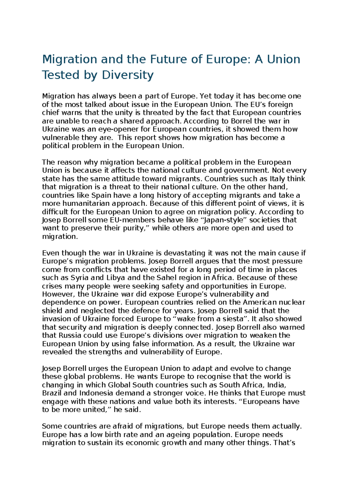 Essay: Migration and the Future of Europe - A Union Tested - Studeersnel