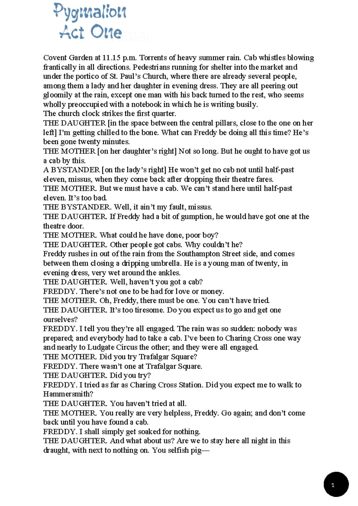 Pygmalion Act 1 Notes - Overview and Character Interactions - Studocu