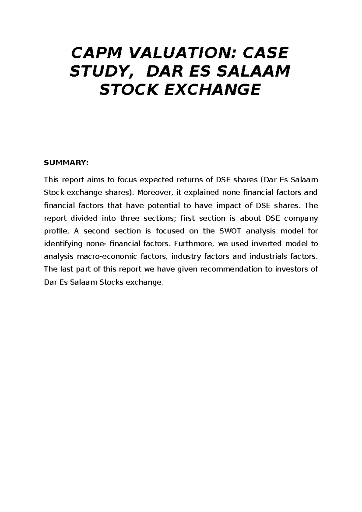 CAPM Valuation: DSE Case Study Analysis and Recommendations - Studocu
