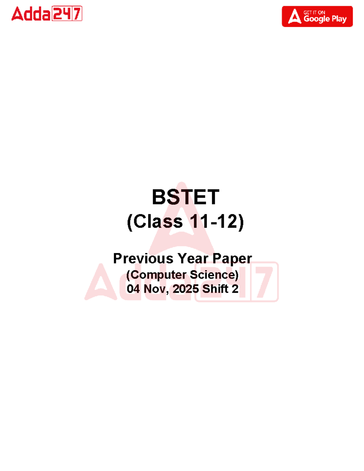 Bihar STET (Class 11-12) Computer Science Official Paper II - 04 Nov ...