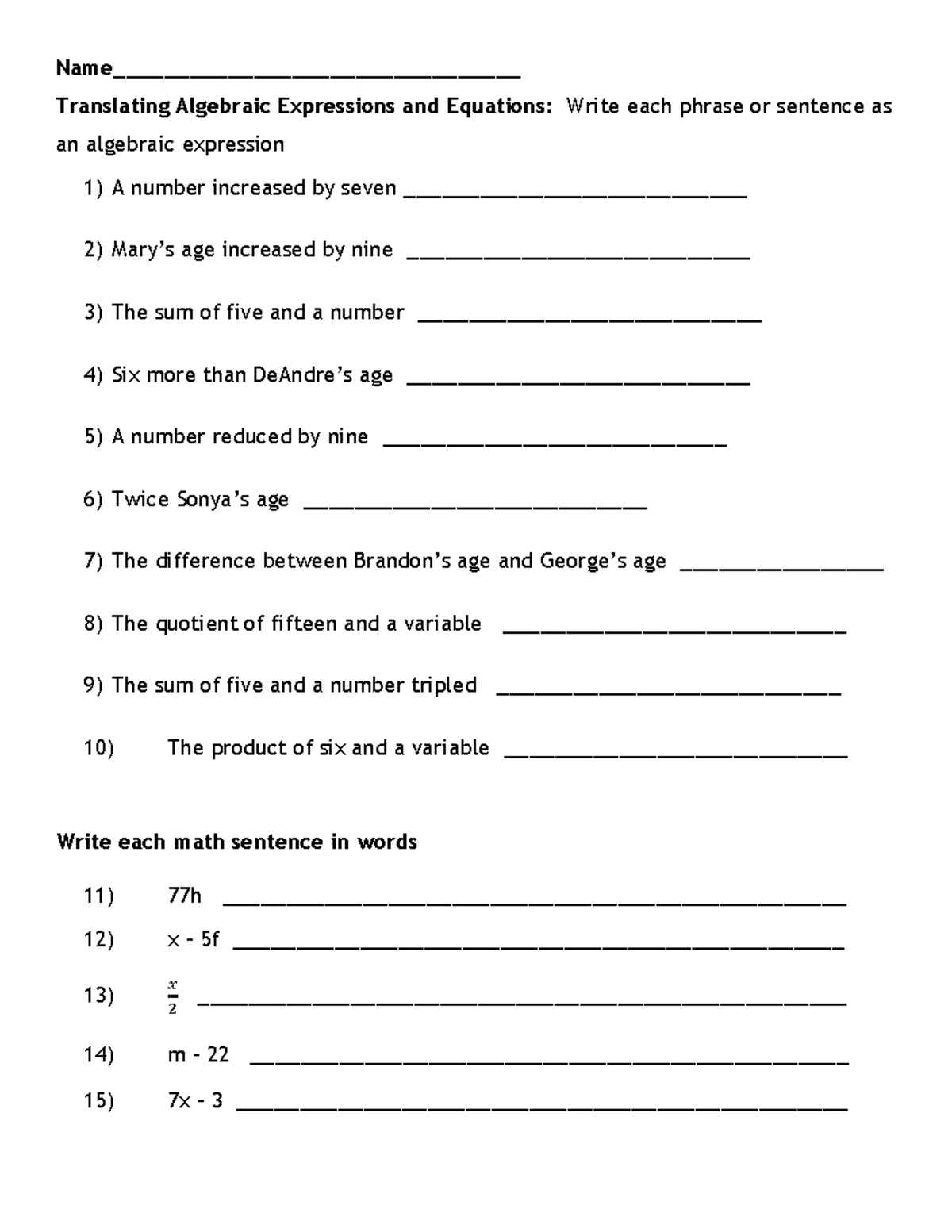 1.2 WS - Algebra Expressions & Equations Practice - Studocu