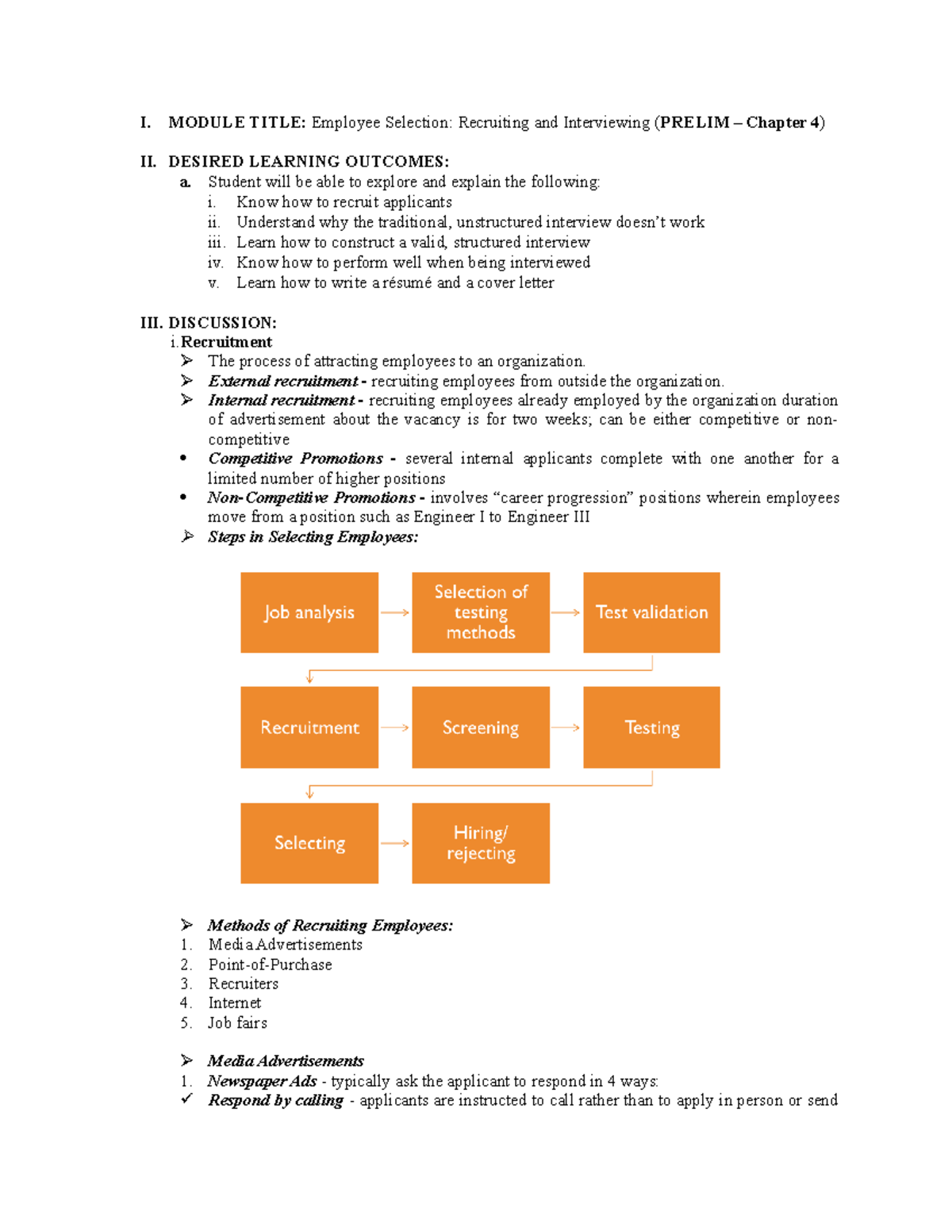 Chapter 4: Employee Selection - Recruiting & Interviewing Notes (PRELIM ...
