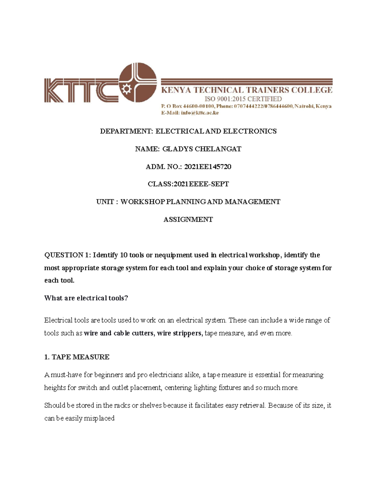 2021EEEE-SEPT Assignment on Workshop Management Tools and Storage - Studocu