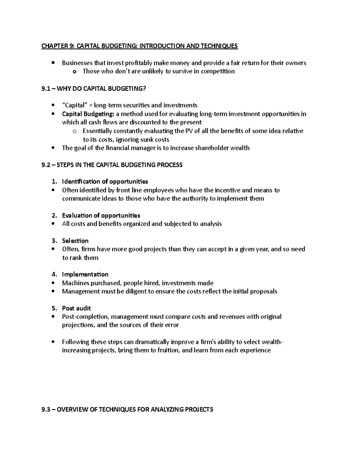 Chapter 9 - Intro to Capital Budgeting - CHAPTER 9: CAPITAL BUDGETING ...