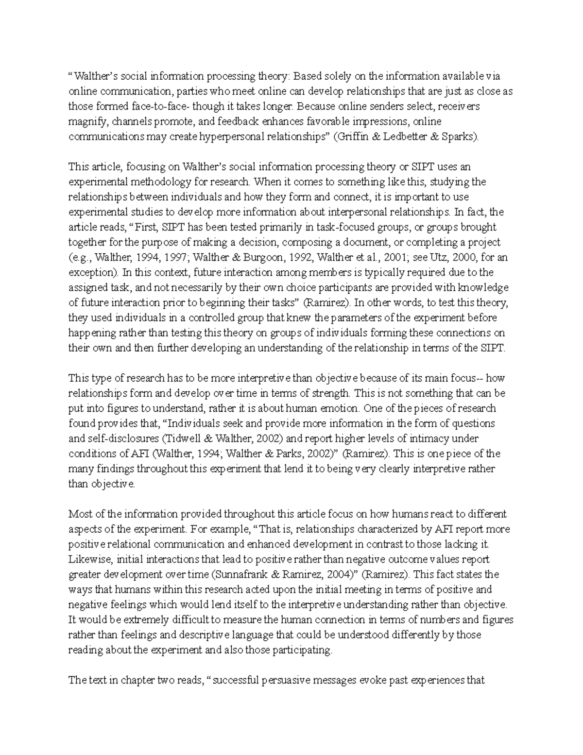 SIPT Notes: COMM 345 - “Walther’s social information processing theory ...