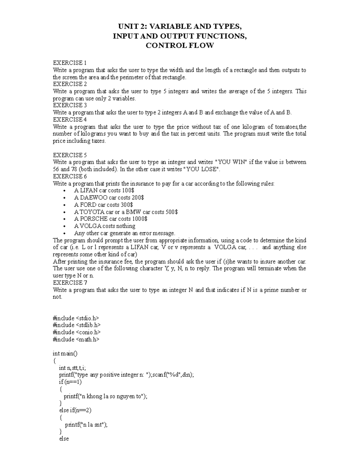 UNIT-2 - VARIABLE AND TYPES, INPUT AND OUTPUT FUNCTIONS, CONTROL FLOW ...