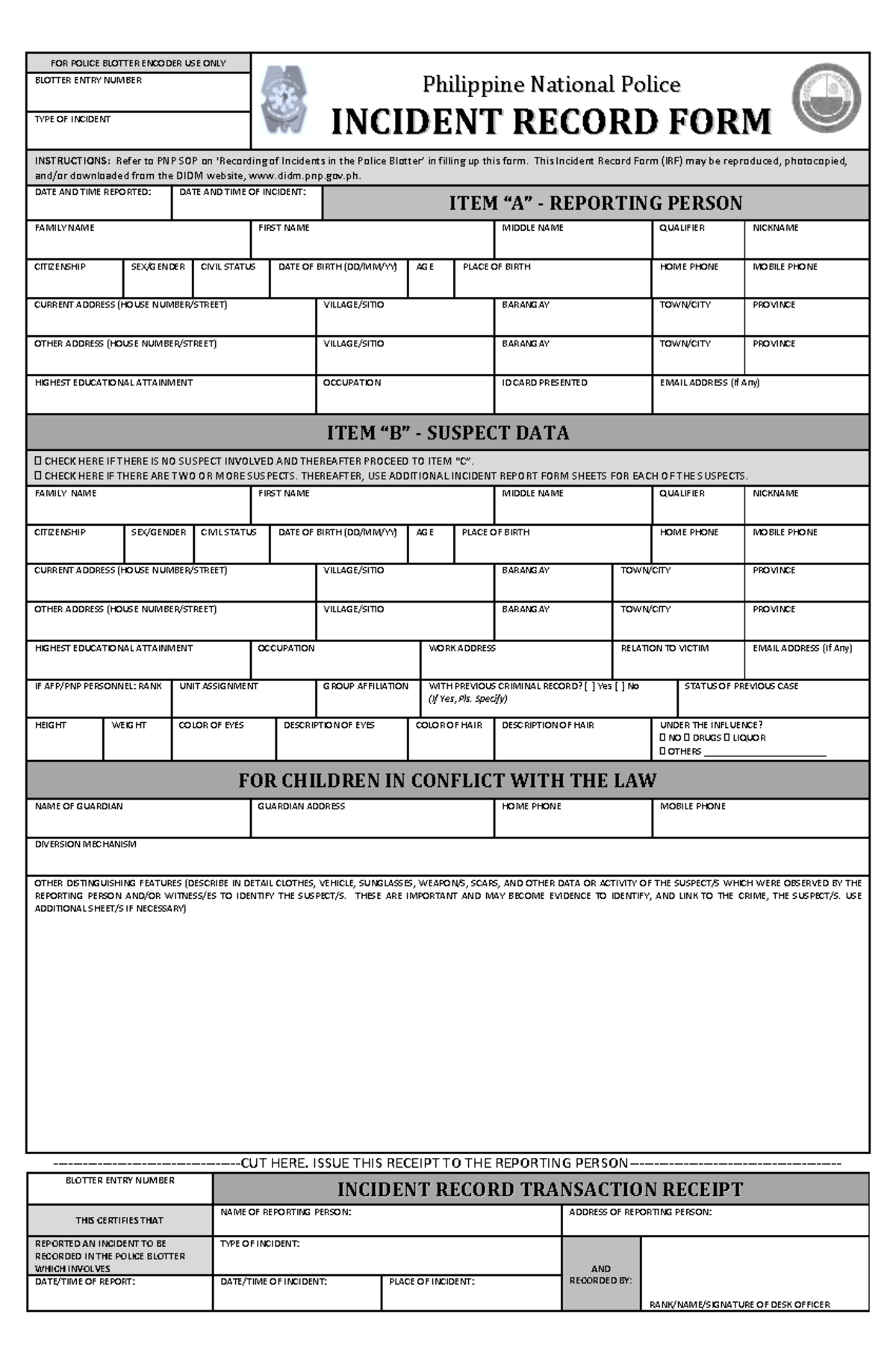 PNP Incident Record Form (IRF) for Police Blotter Use - Studocu