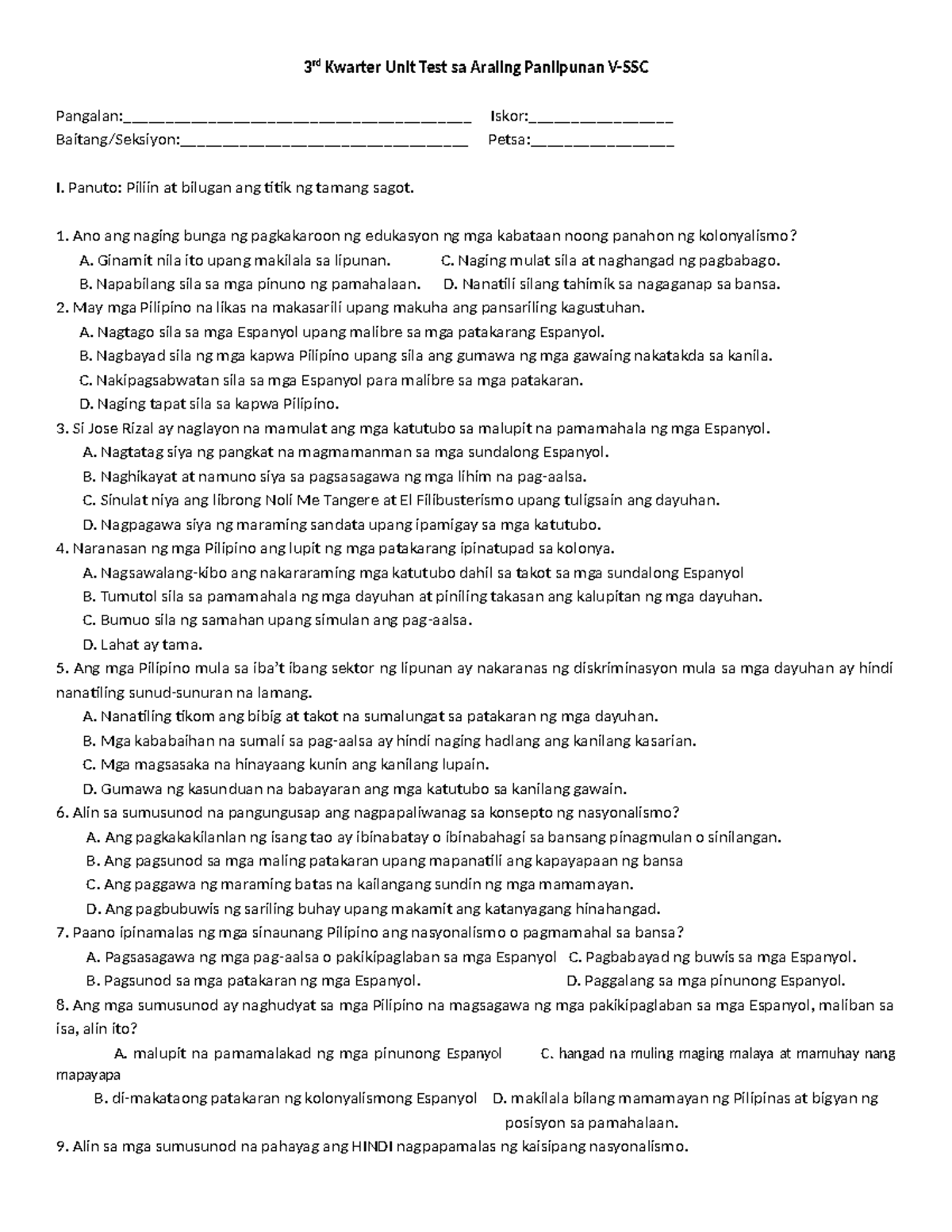 3rd Kwarter Unit Test sa Araling Panlipunan V - Panuto: Piliin at ...