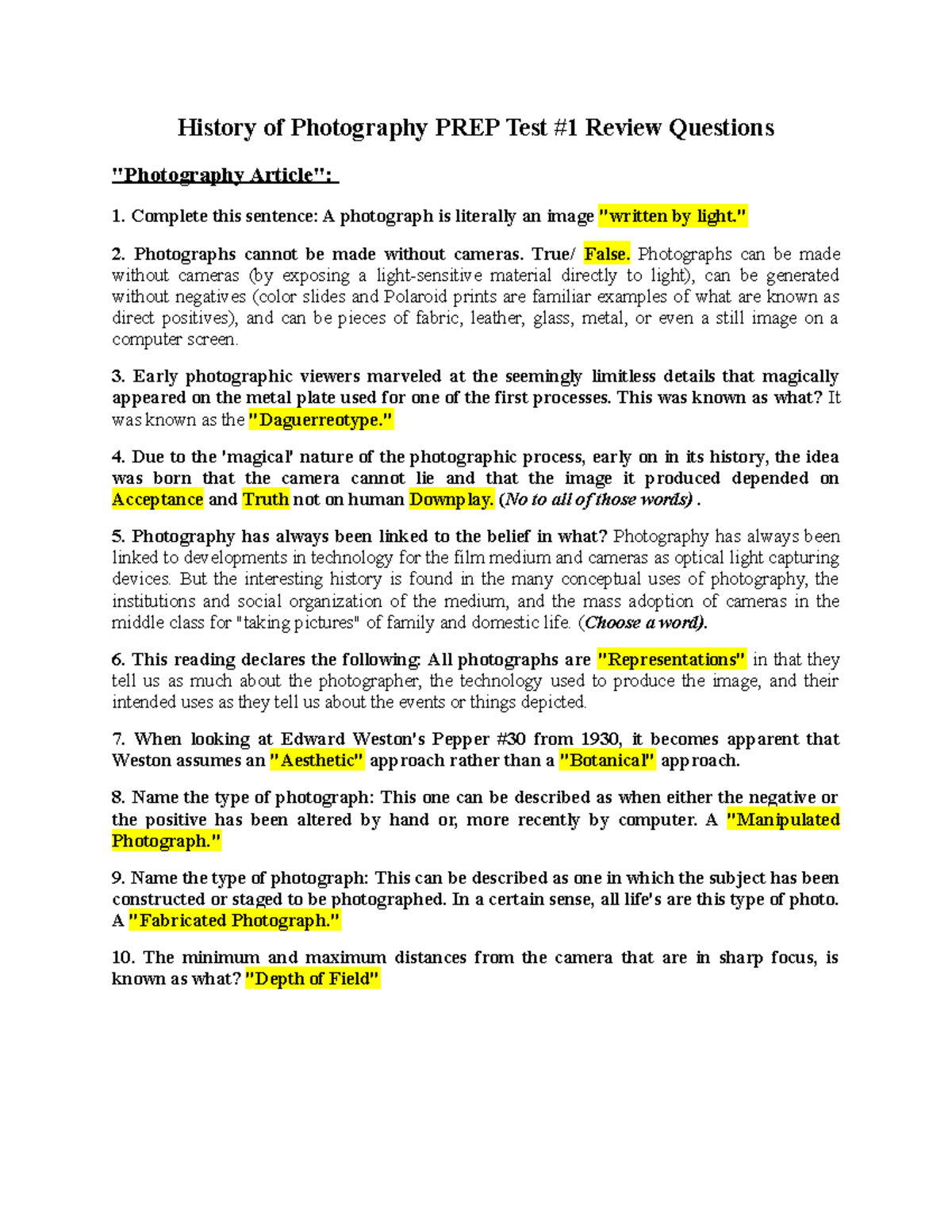 History of Photography PREP Test 1: Review Questions and Key Concepts ...
