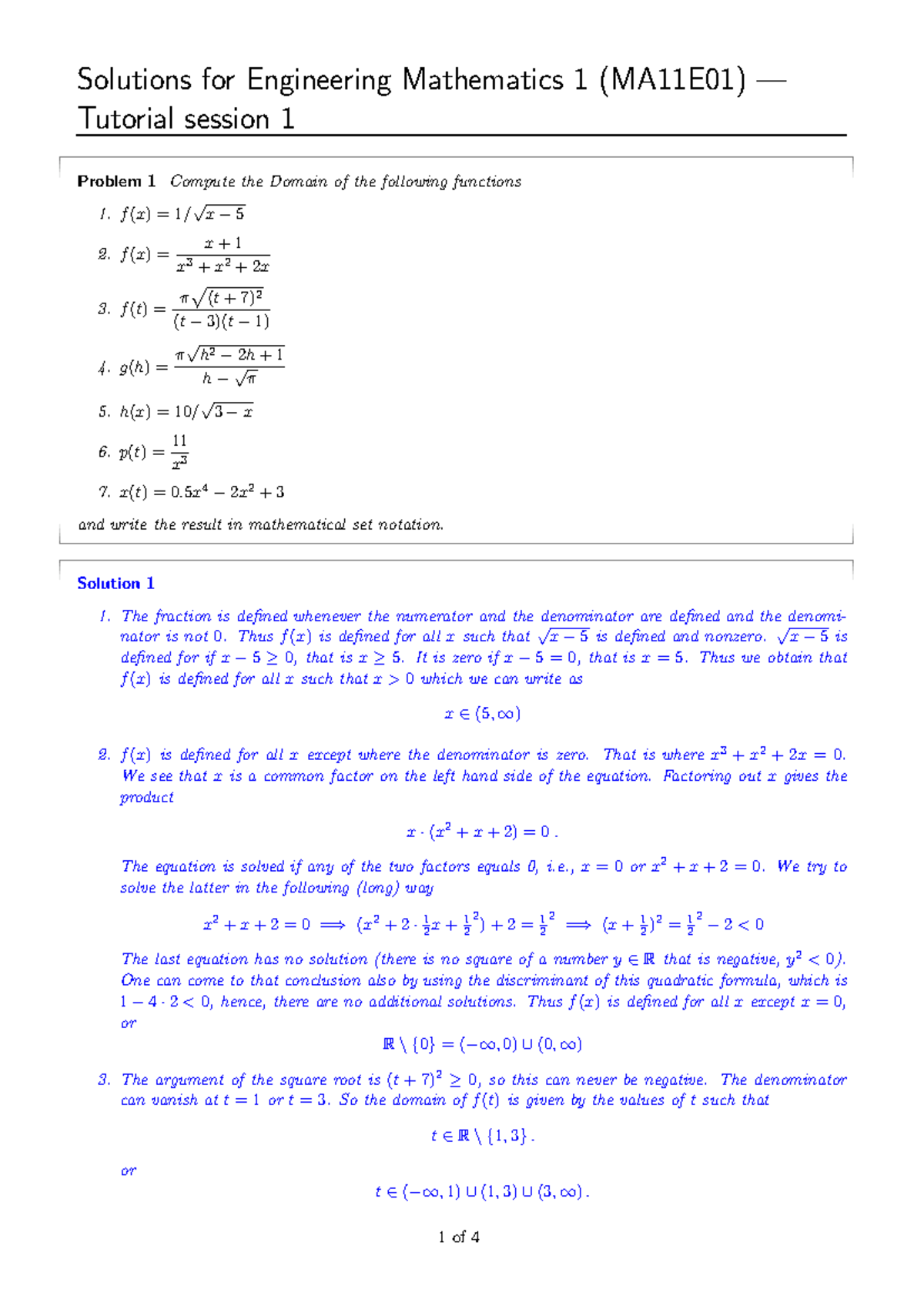 Engineering Mathematics 1 Ma11e01 Exercise 01 Solutions Guide Studocu