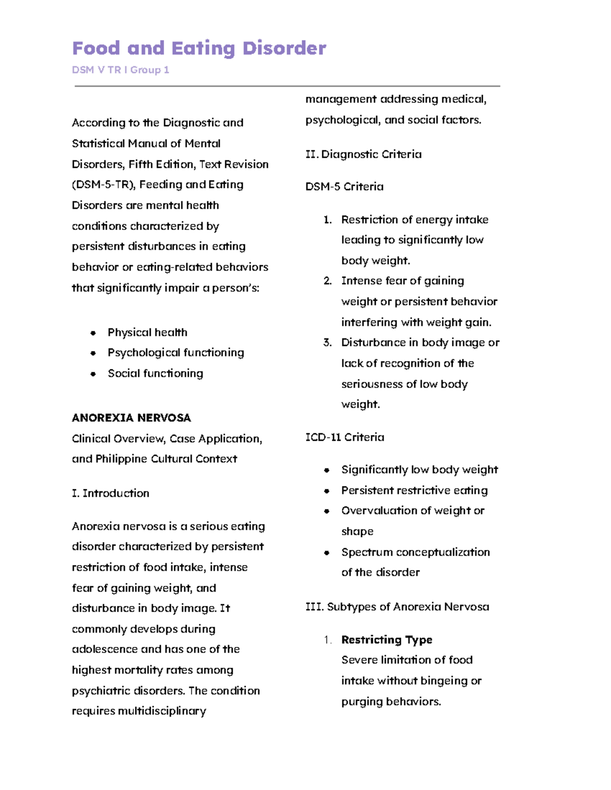 Food and Eating Disorders DSM V TR: Group 1 Management Overview - Studocu
