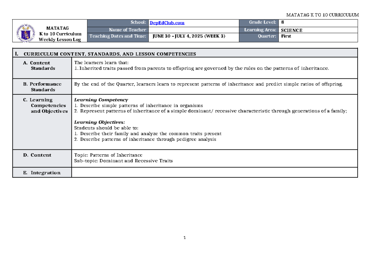 MATATAG K to 10 Curriculum: Science 8 Weekly Lesson Log (Q1 W3) - Studocu