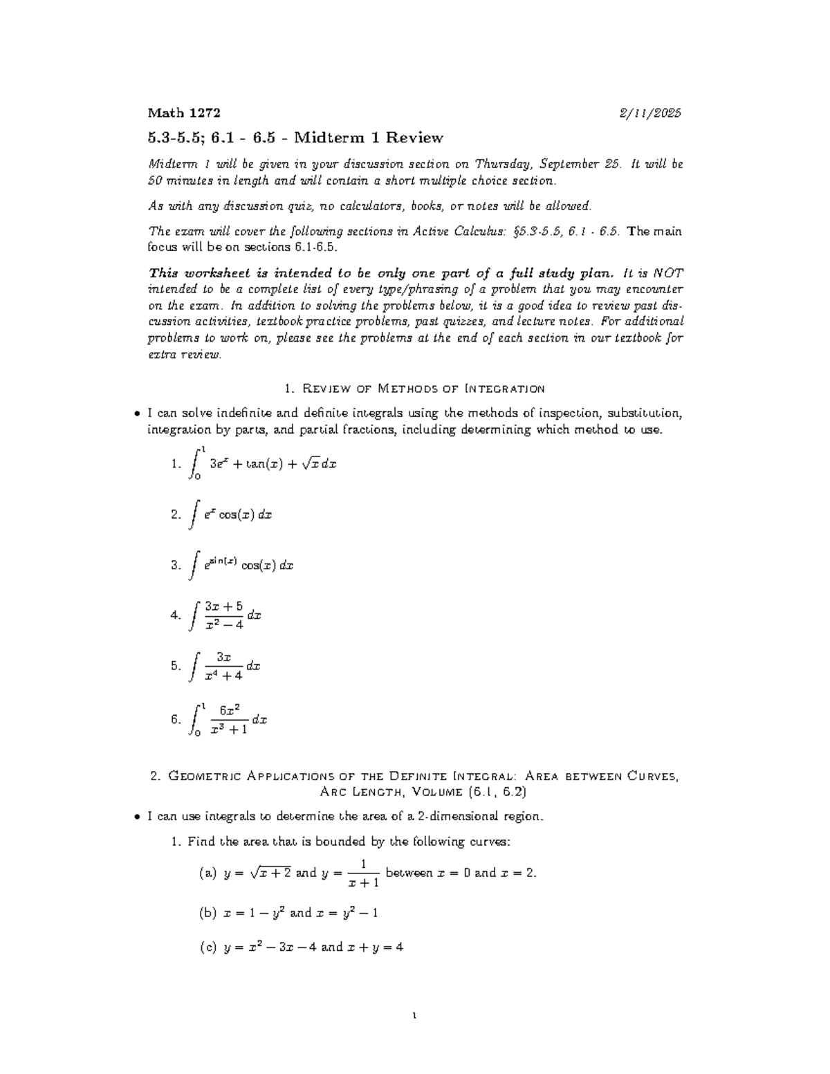 Math 1272 Midterm 1 Review: Sections 6.1 & 6.5 Study Guide - Studocu