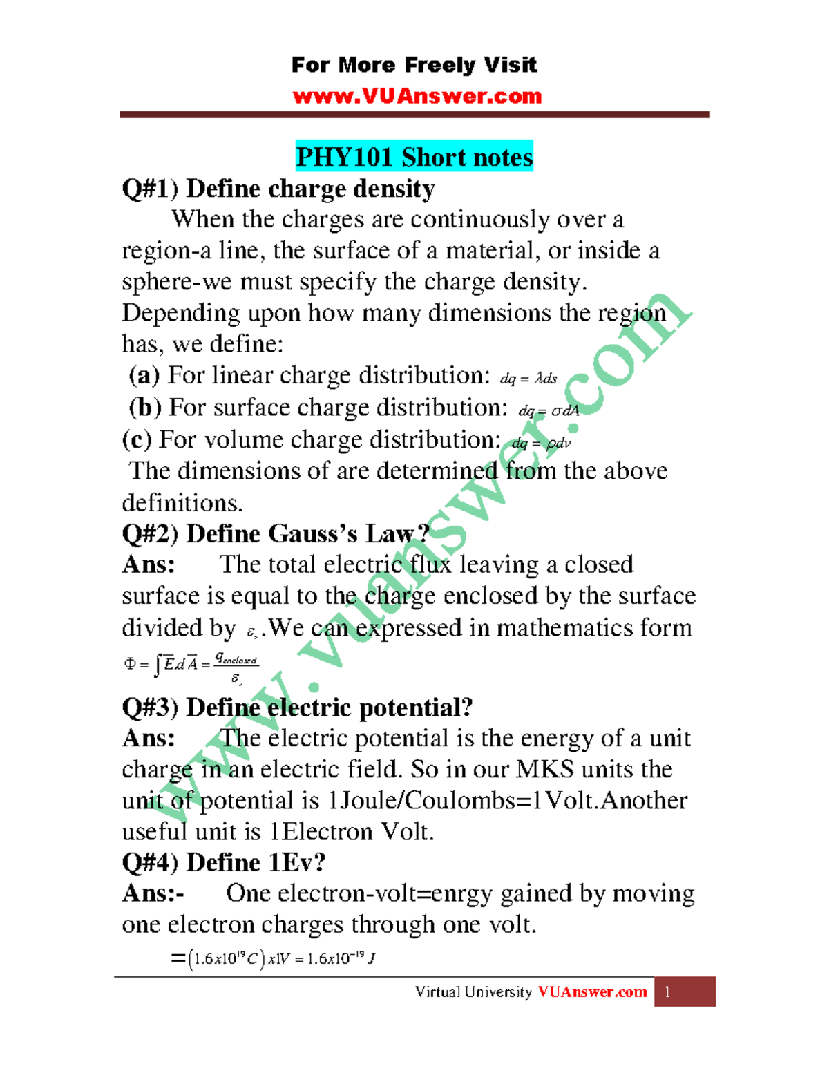PHY101 Final Exam Short Notes: Key Concepts and Definitions - Studocu