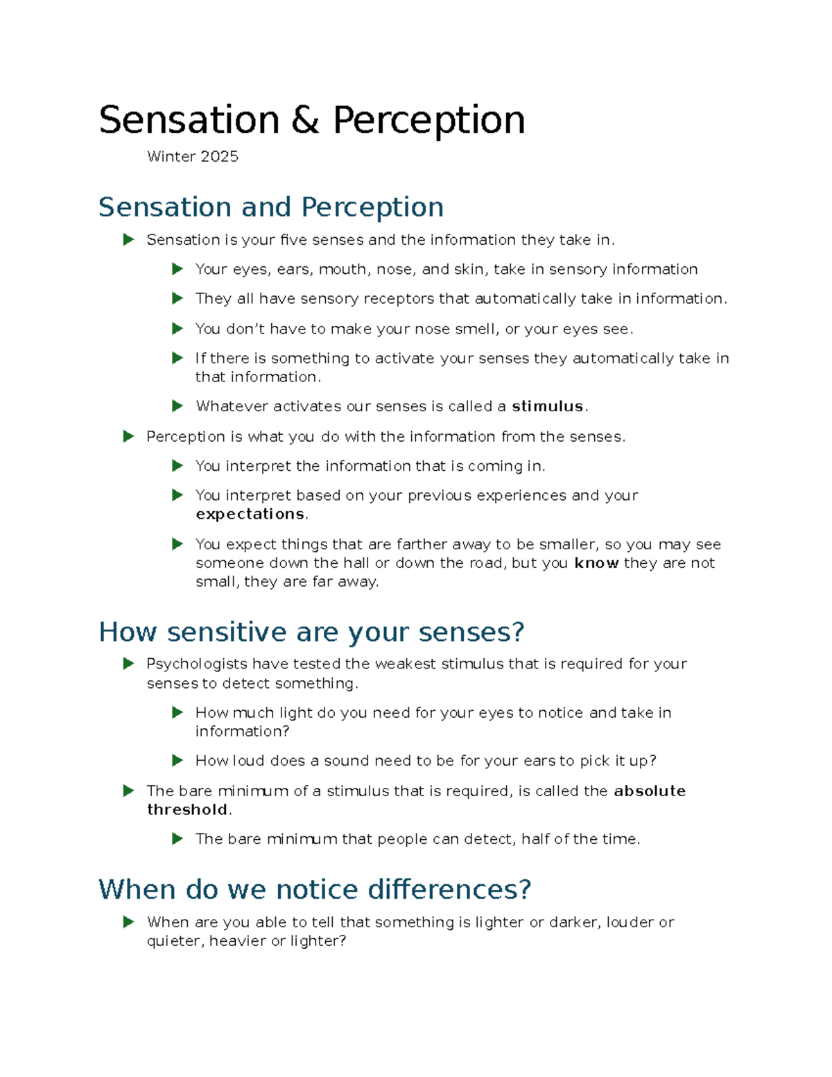 Sensation and Perception: Week 3 Lecture Notes (Winter 2025) - Studocu