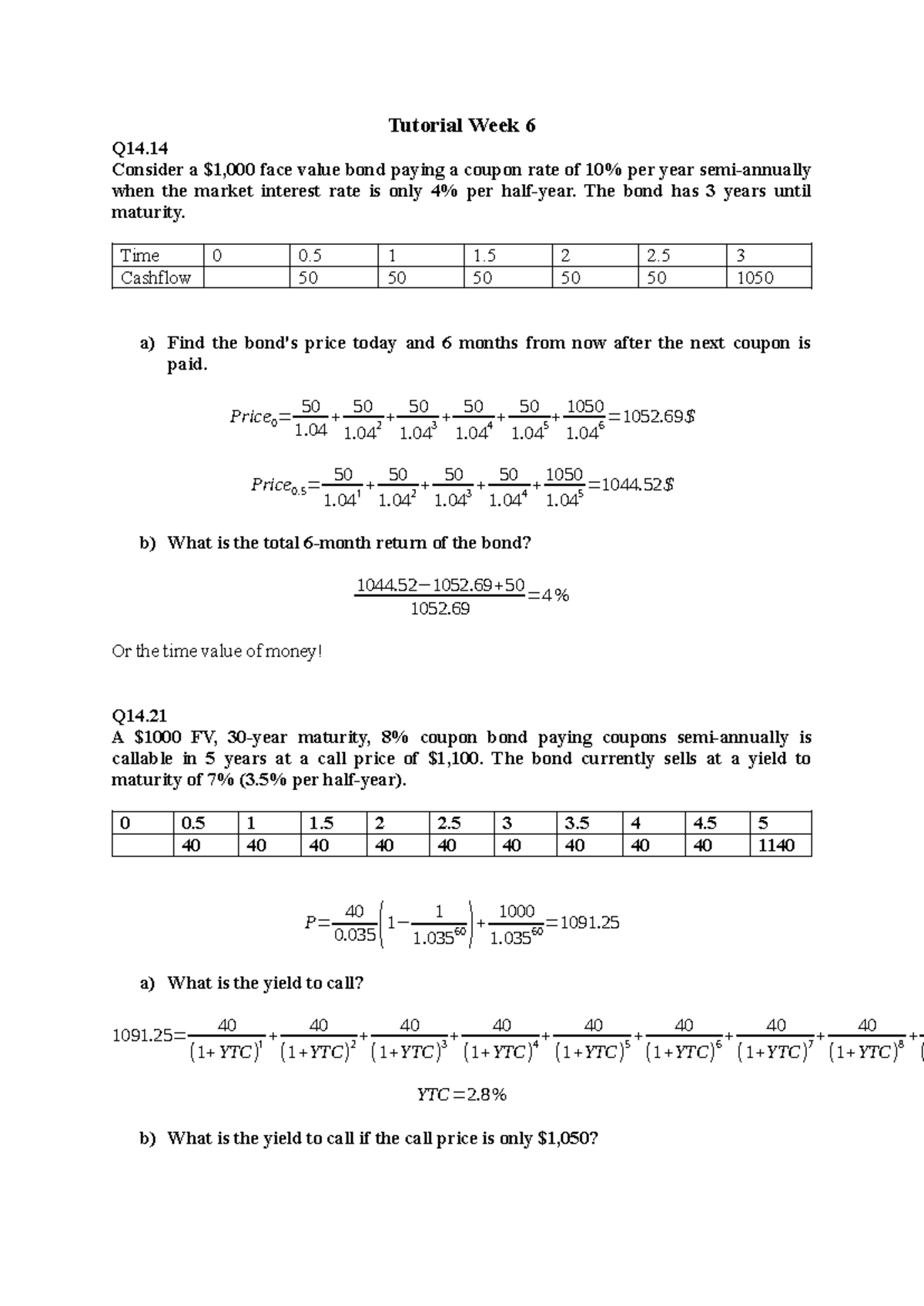 Tutorial 6: Bond Pricing and Yield Calculations - Studeersnel