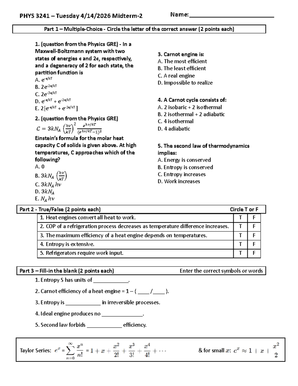 Midterm 2 Solutions for PHYS 3241: Physics GRE Practice Questions - Studocu
