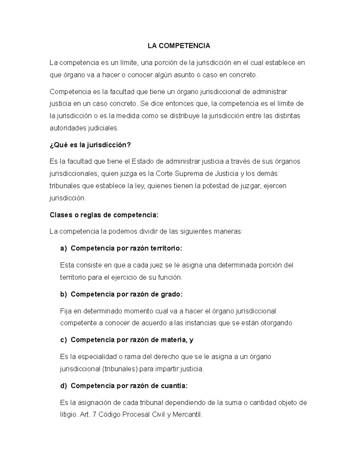 La Competencia en el Código Procesal Civil y Mercantil - Studocu