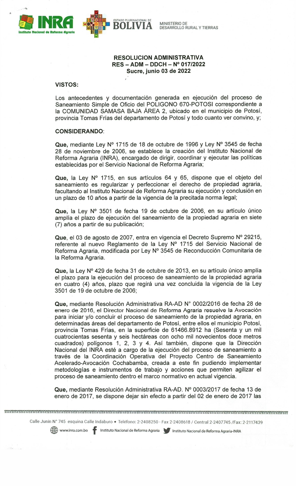 Resolución Administrativa RES-ADM-DDCH-NO 017/2022: Saneamiento ...