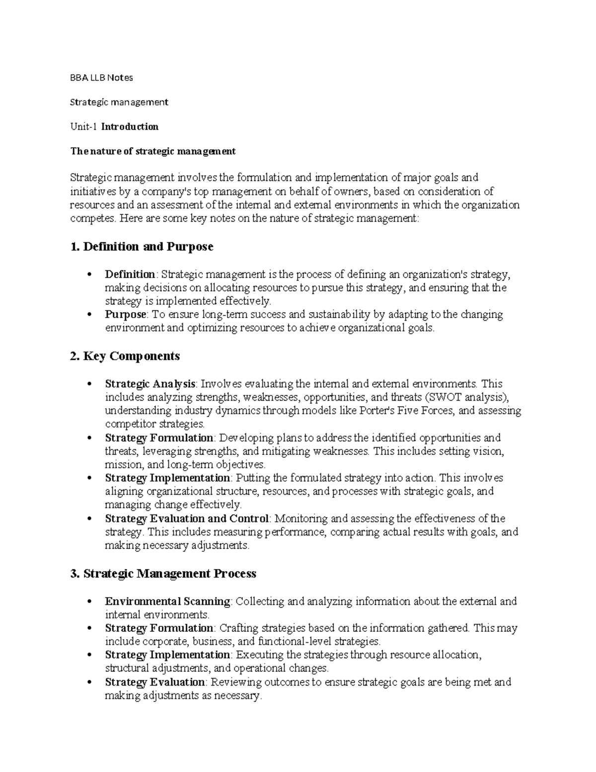 BBA LLB Strategic Management Notes: Key Concepts and Processes - Studocu