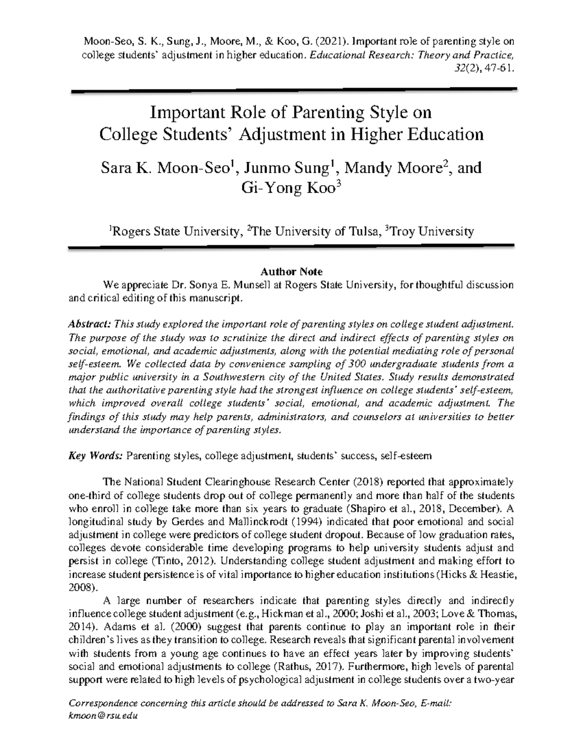 Important Role of Parenting Style on College Students' Adjustment (EDUC ...