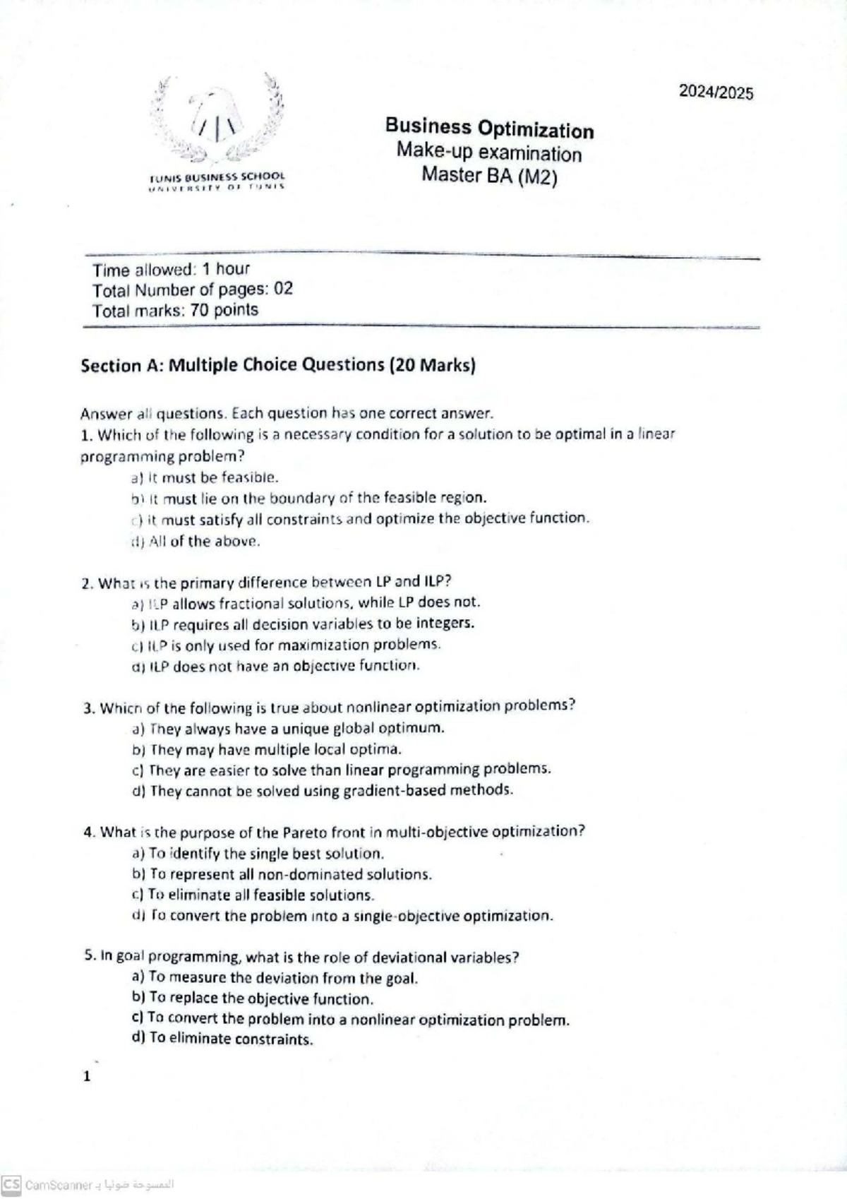 Final Exam - Business Optimization (M2) - 70 Points - Studocu