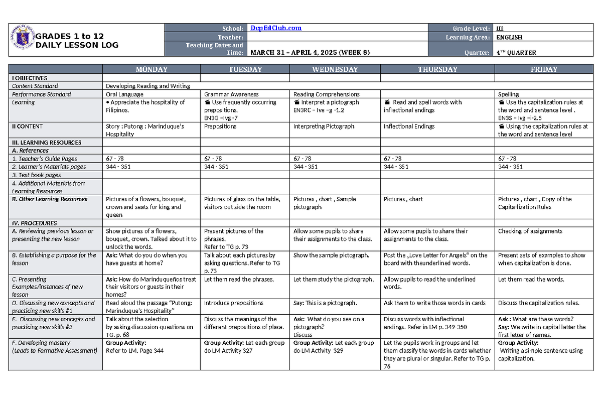 DLL English 3 Q4 W8 - Daily Lesson Log - GRADES 1 to 12 DAILY LESSON ...