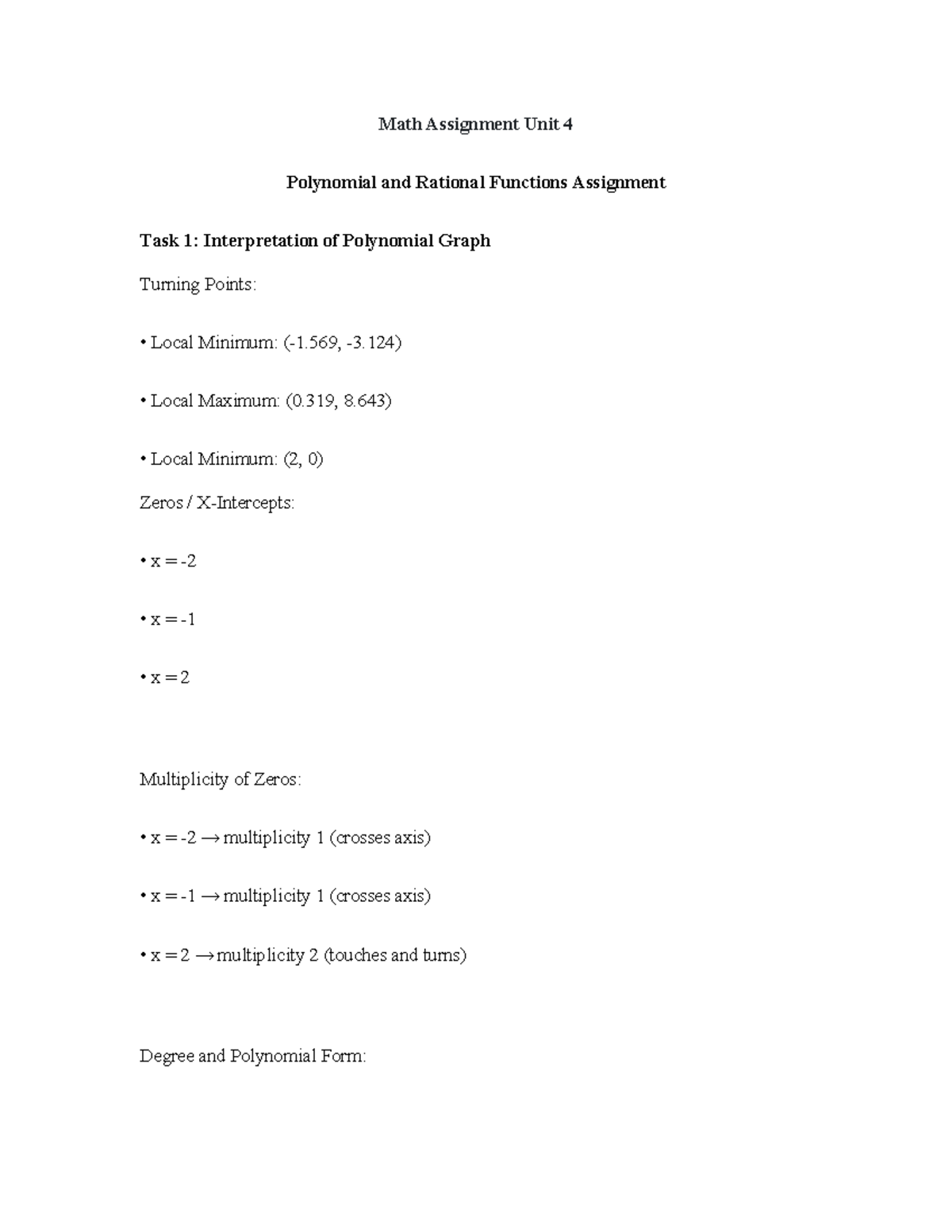 Math Assignment Unit 4: Polynomial & Rational Functions Analysis - Studocu