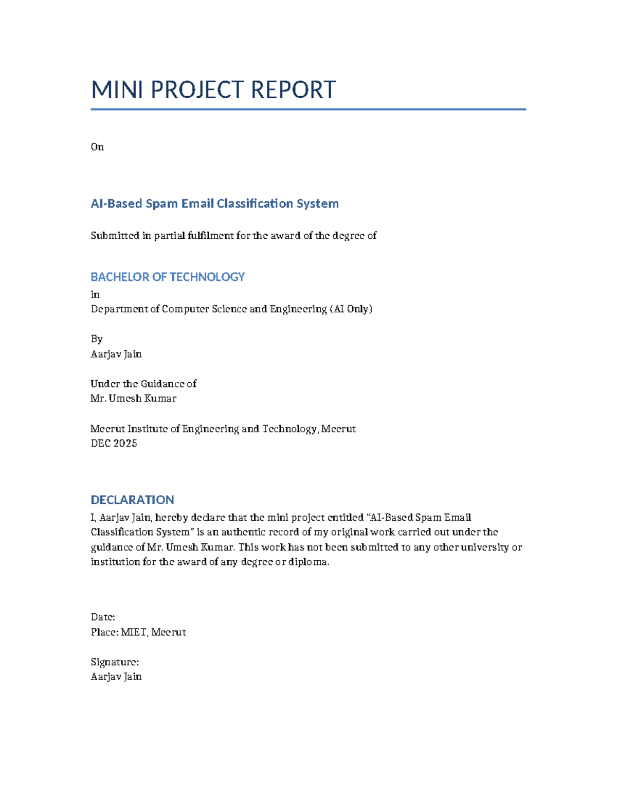 AI Mini Project Report: Spam Email Classification System - Studocu