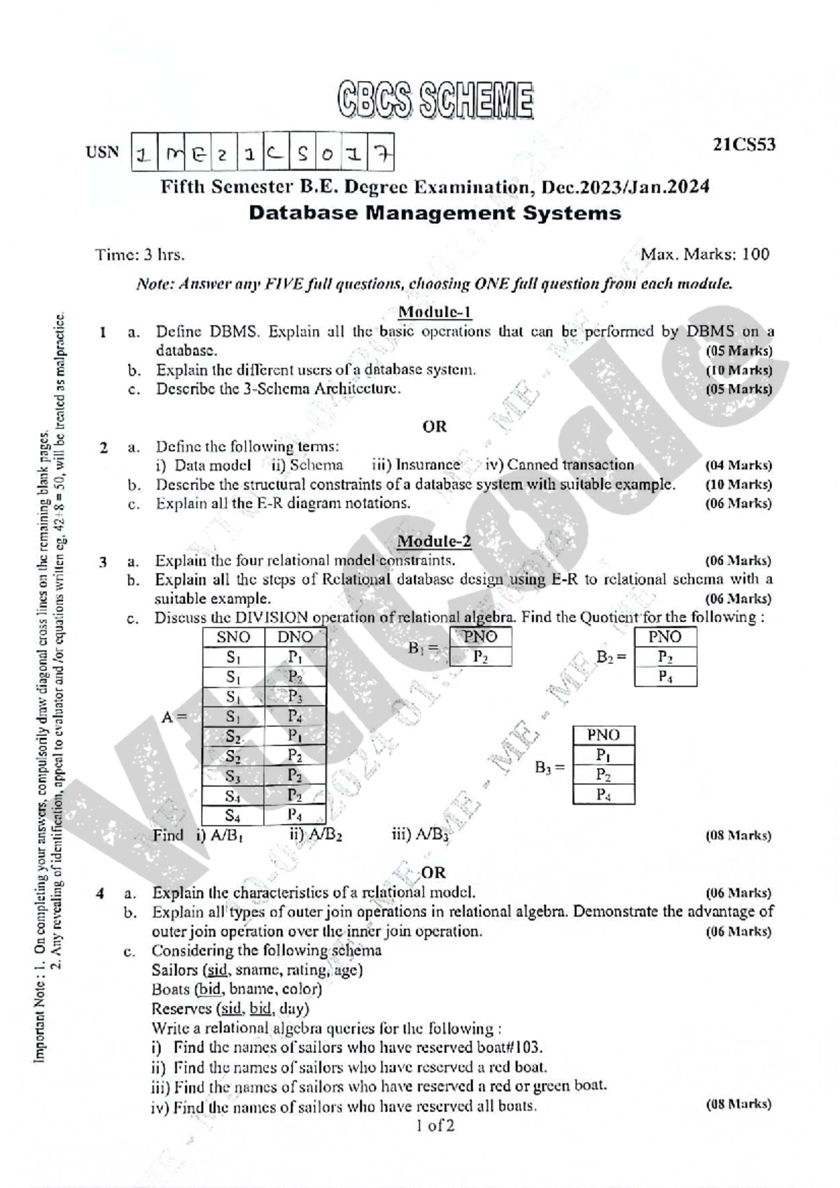 Model Question Paper - DBMS - 21CS53 - Previous Year Exam - Studocu