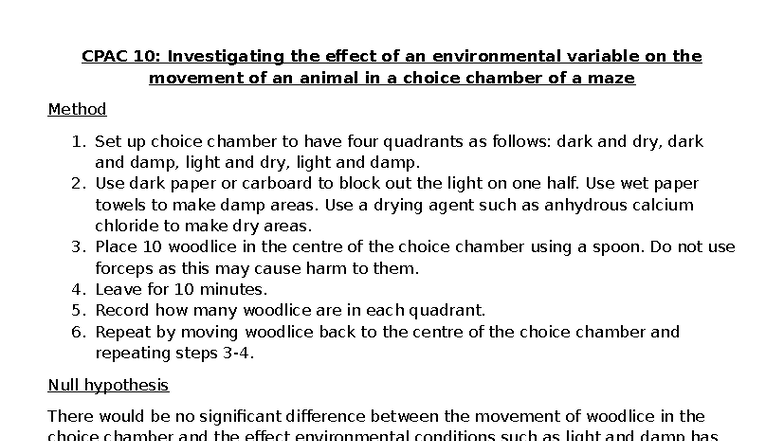 CPAC 10: Effect of Environmental Variables on Woodlice Movement in ...