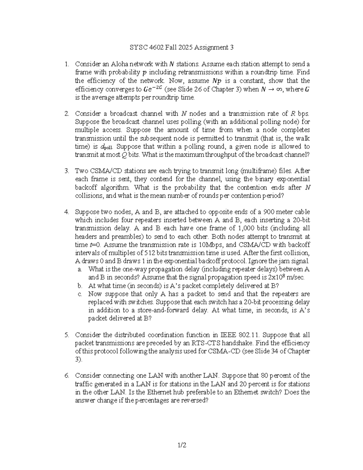 F25 SYSC4602 Assignment 3: Aloha Networks & Throughput Analysis - Studocu