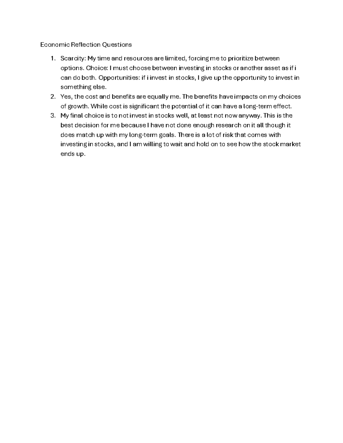 Eco 1.02 - Economic Reflection Questions and Insights - Studocu