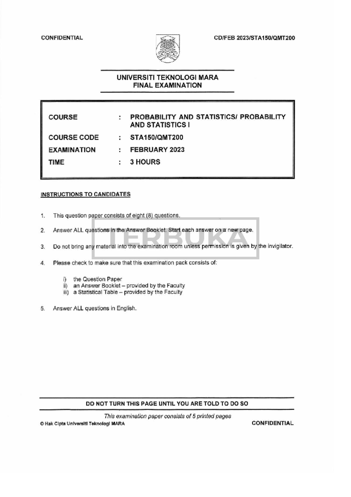 STA150 - Final Exam Paper on Probability & Statistics I (Feb 2023 ...