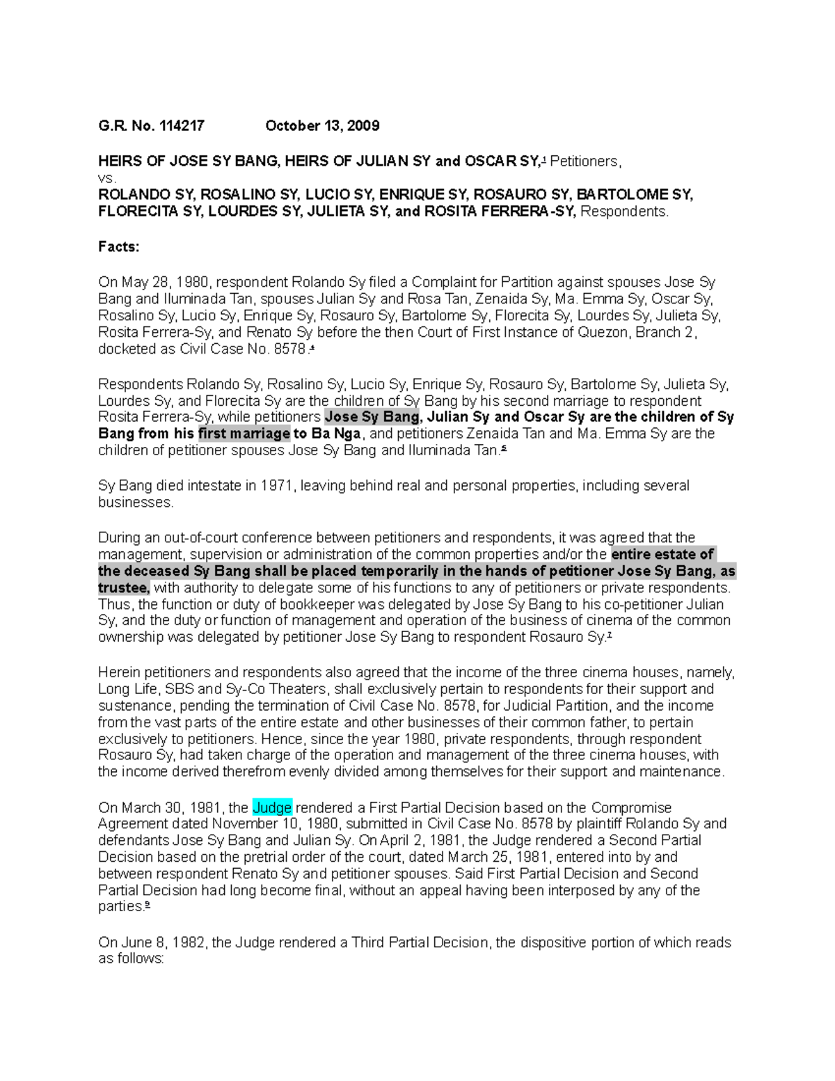 Heirs of Bang vs. Sy: Case Analysis & Inheritance Dispute - Studocu
