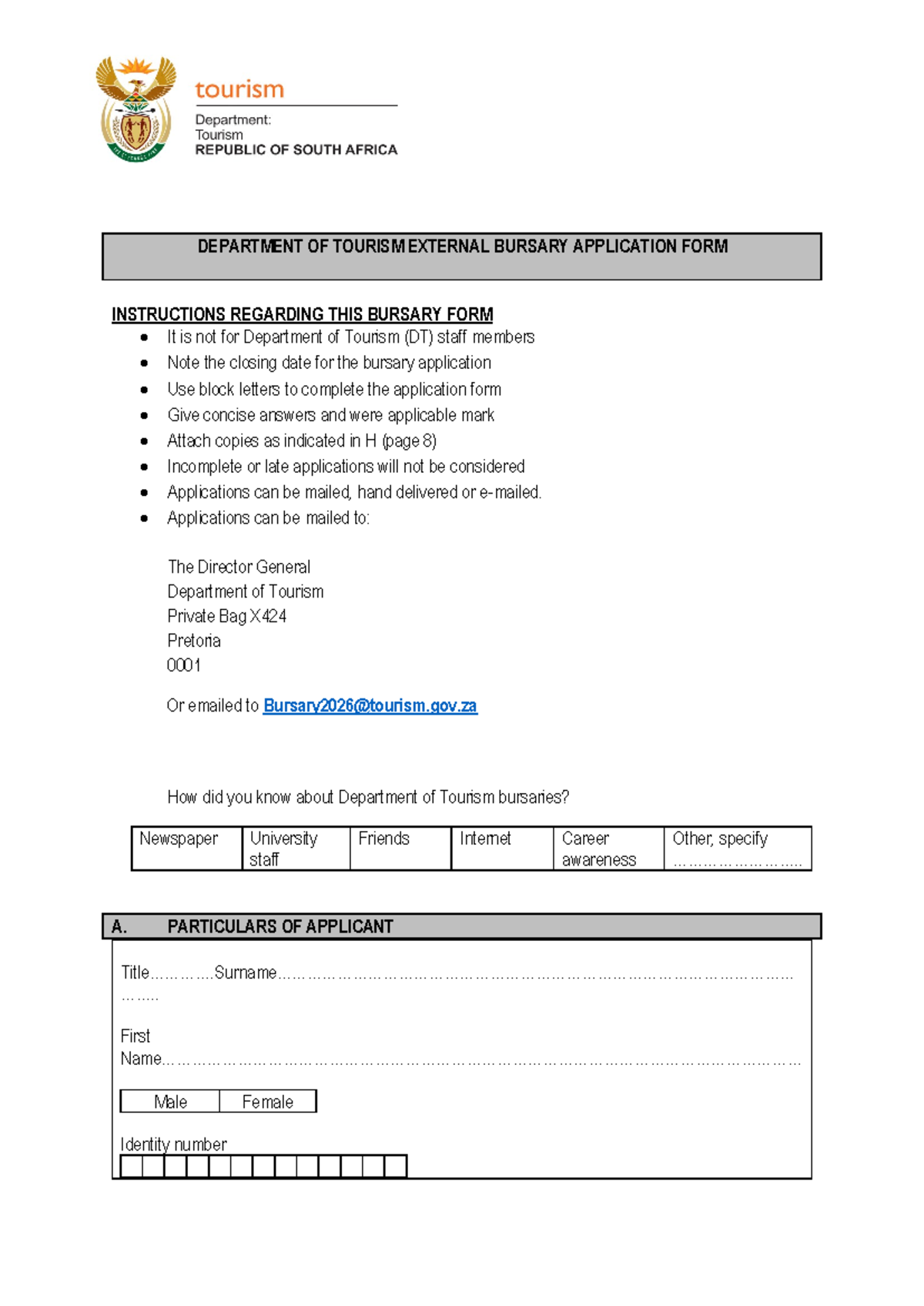 DEPARTMENT OF TOURISM EXTERNAL BURSARY APPLICATION FORM INSTRUCTIONS ...