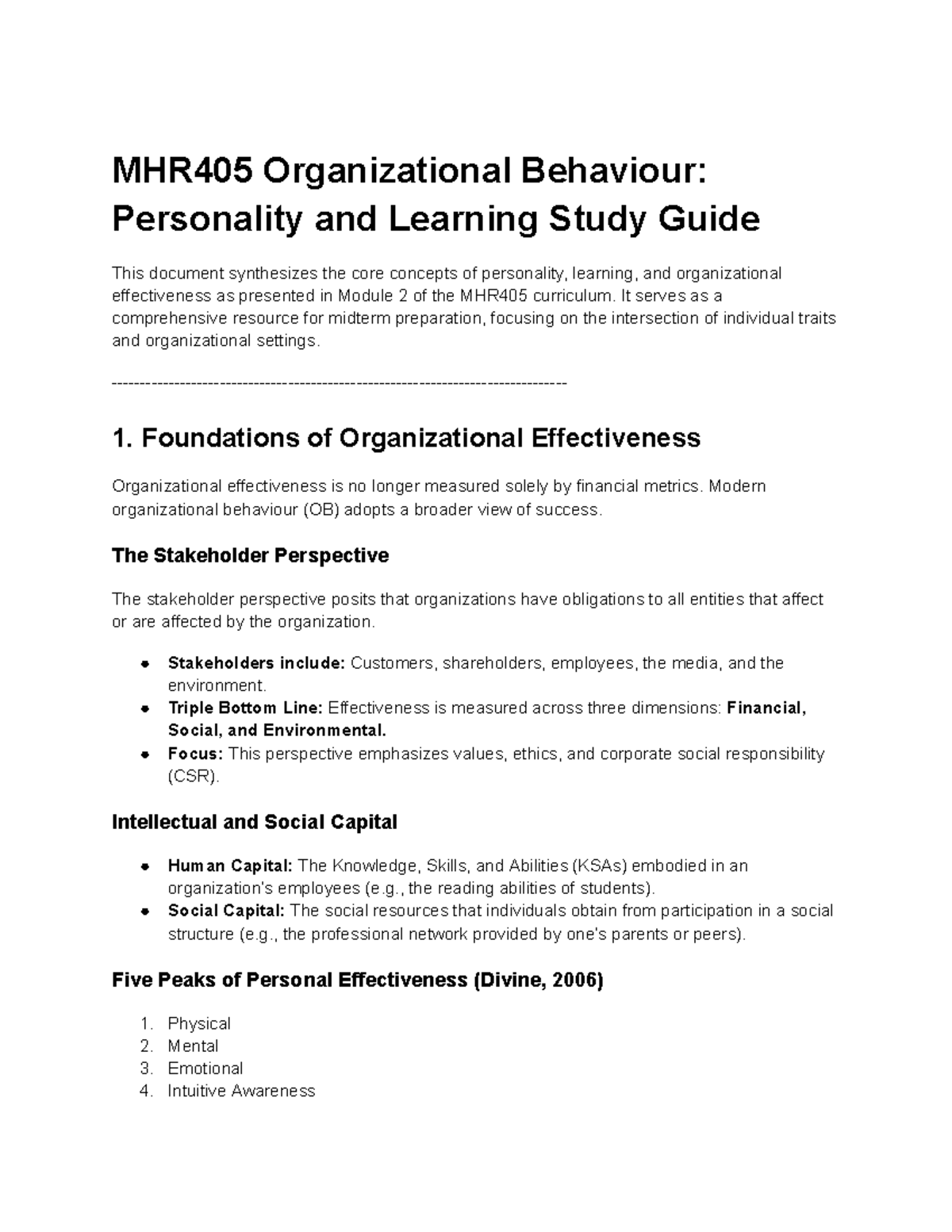 MHR405 Midterm Study Guide: Organizational Behaviour Insights - Studocu