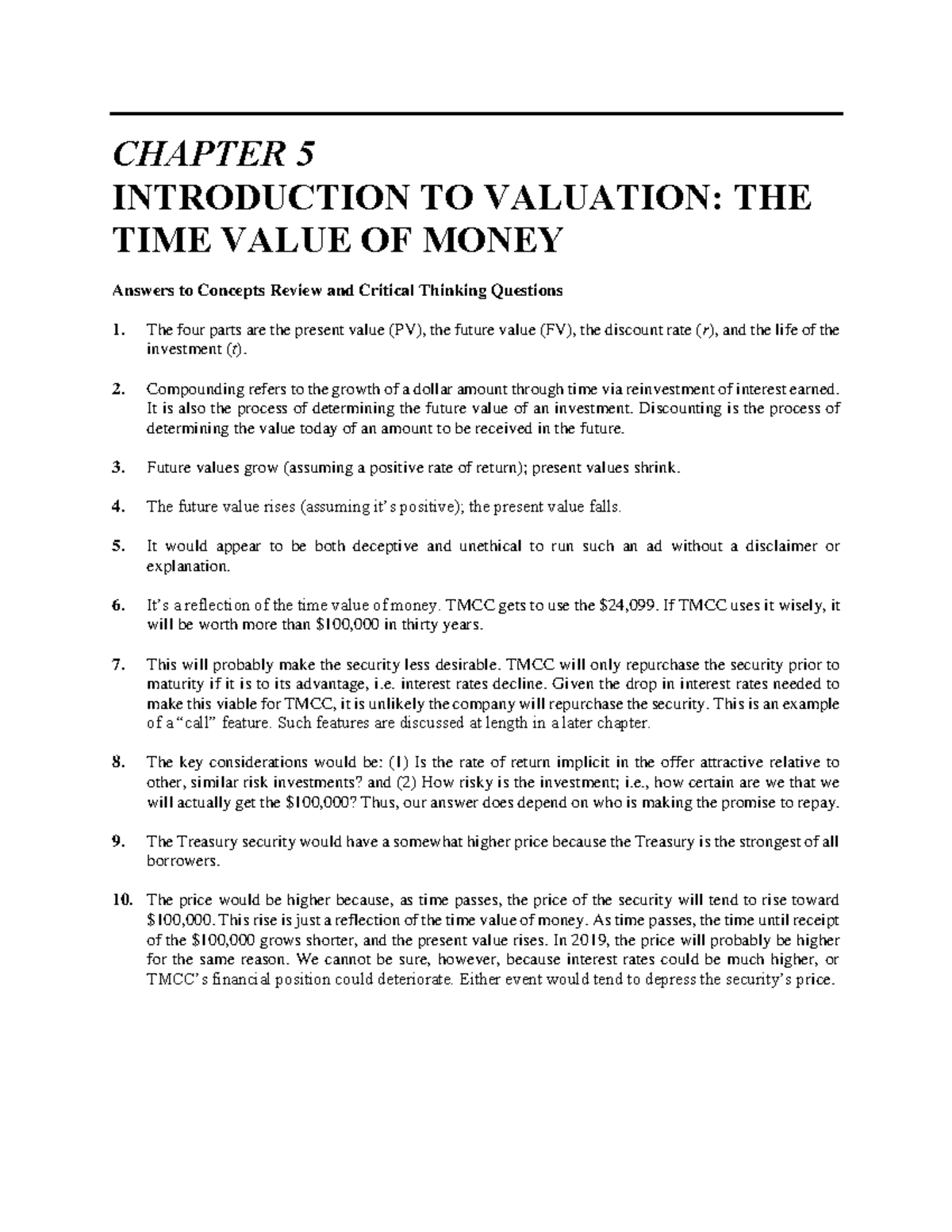 Chapter 5: Intro to Time Value of Money Valuation Concepts - Studocu