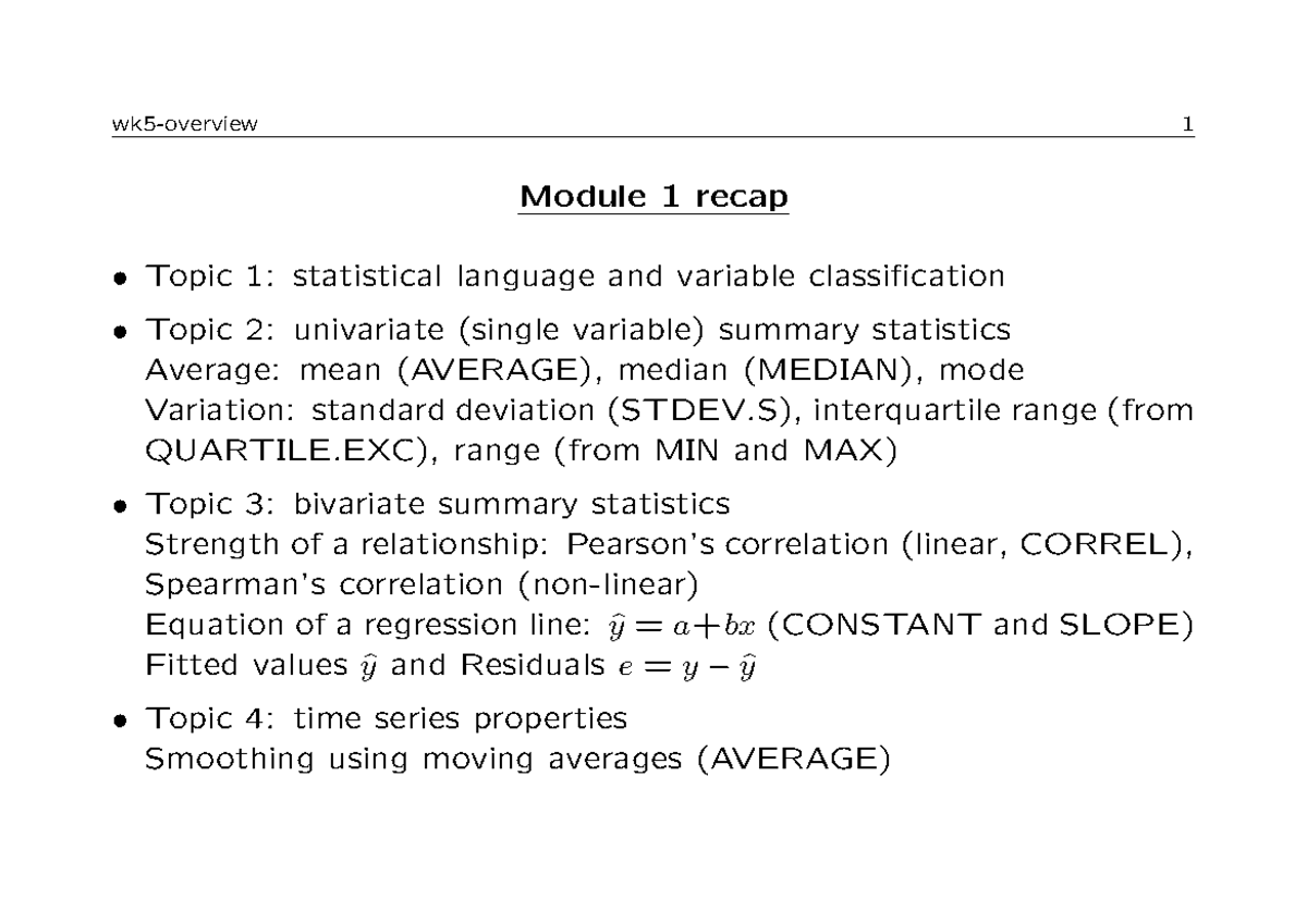 Wk5 - Lecture notes week 5 - Module 1 recap Topic 1: statistical ...