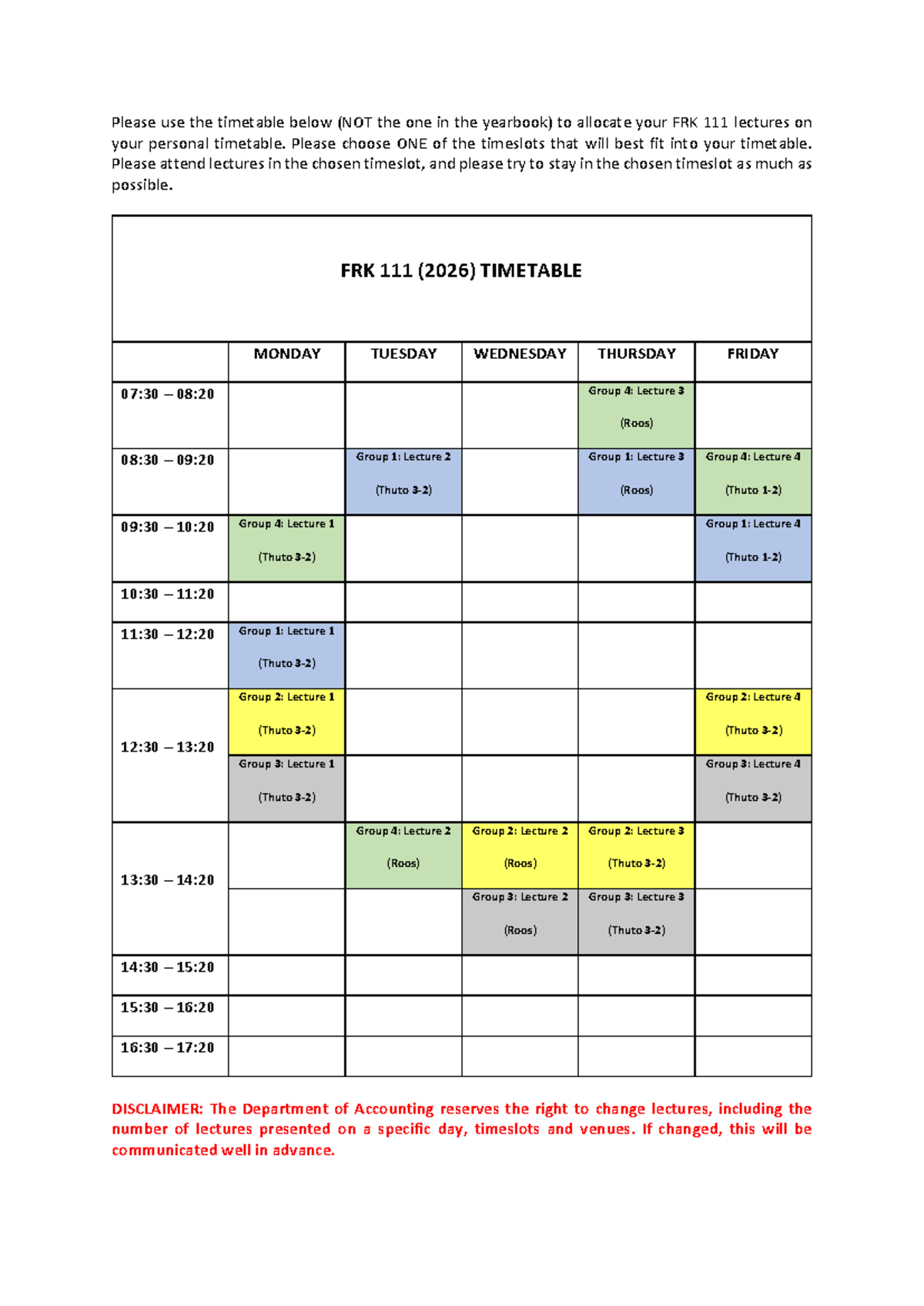 FRK 111 Lecture Timetable 2026 for Click UP - Studocu