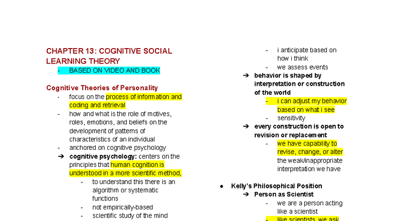 CHAPTER 13 REVIEWER: COGNITIVE SOCIAL LEARNING THEORY - Studocu