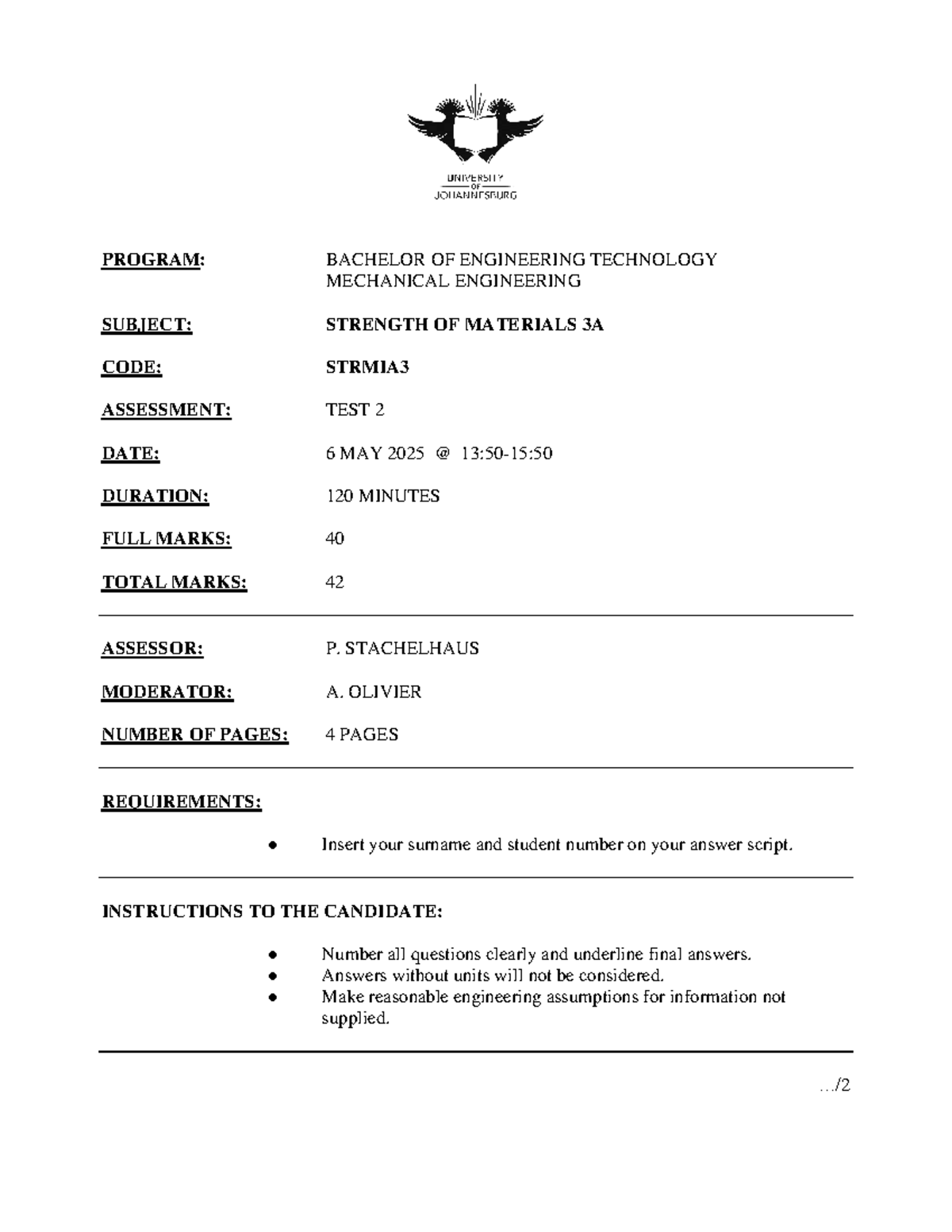 Strength of Materials 3A (STRMIA3) Test 2 Memo 2025 - Studocu