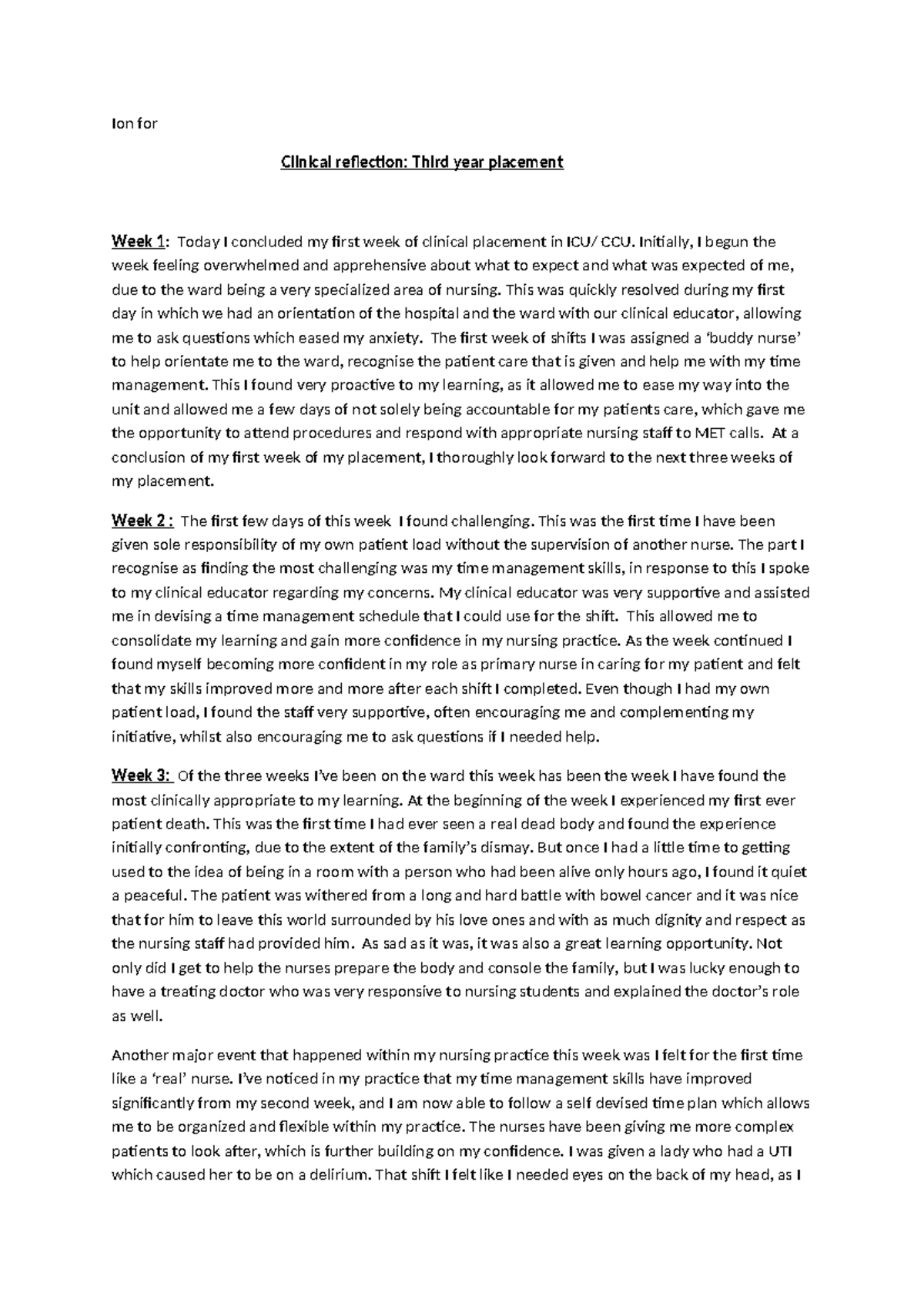 Clinical Reflection: CCU Placement Experience - Weeks 1 to 3 - Studocu