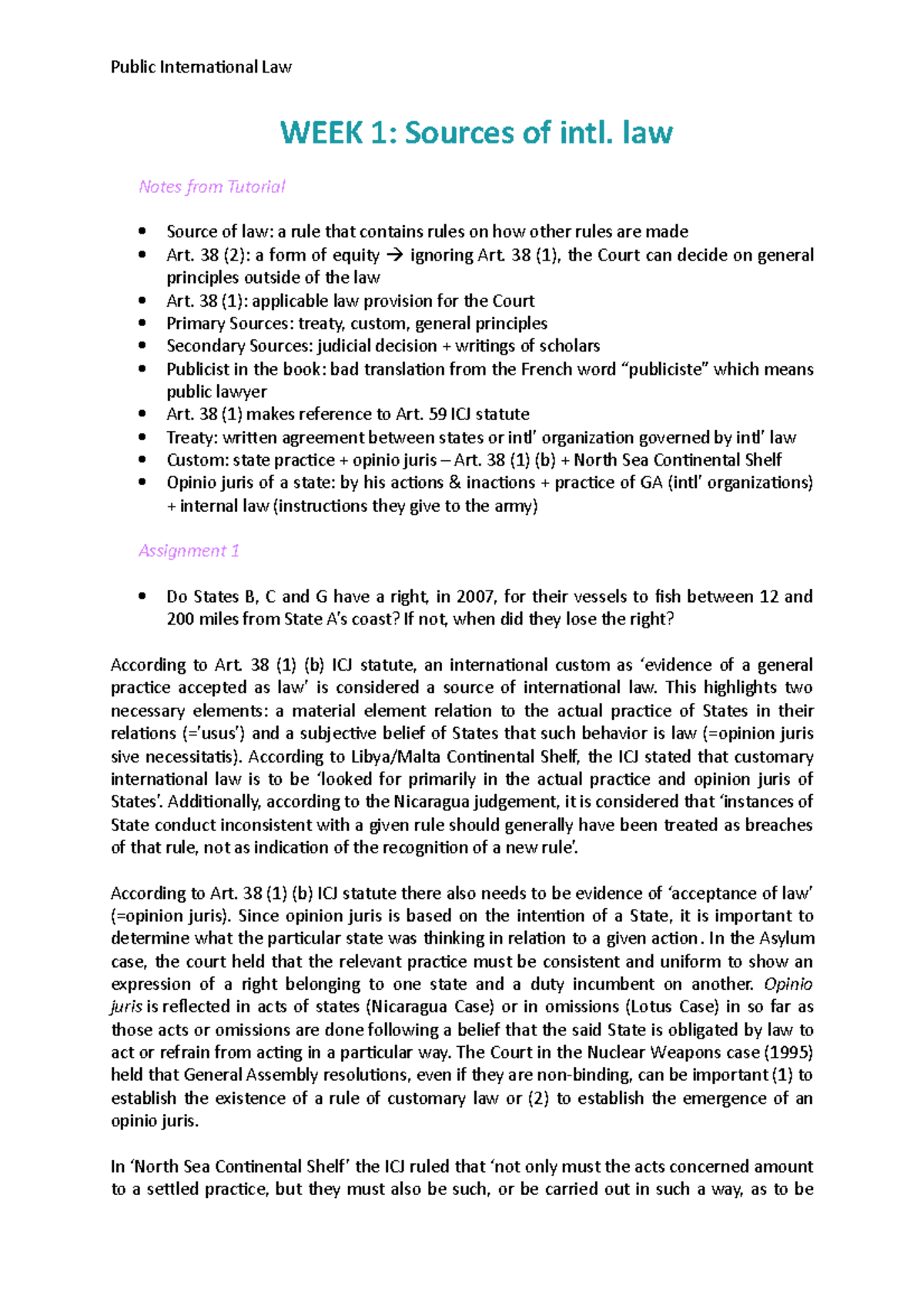 PIL-Tut-1 - Comprehensive Notes on Week 1: Sources of Intl. Law ...