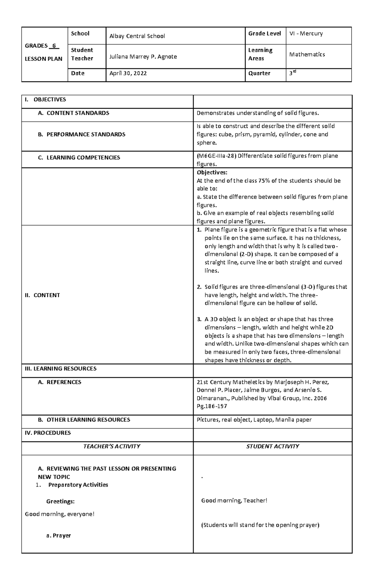 Agnote-BEED-2-2- Final- Lesson Plan on Solid and Plane Figures for Math ...