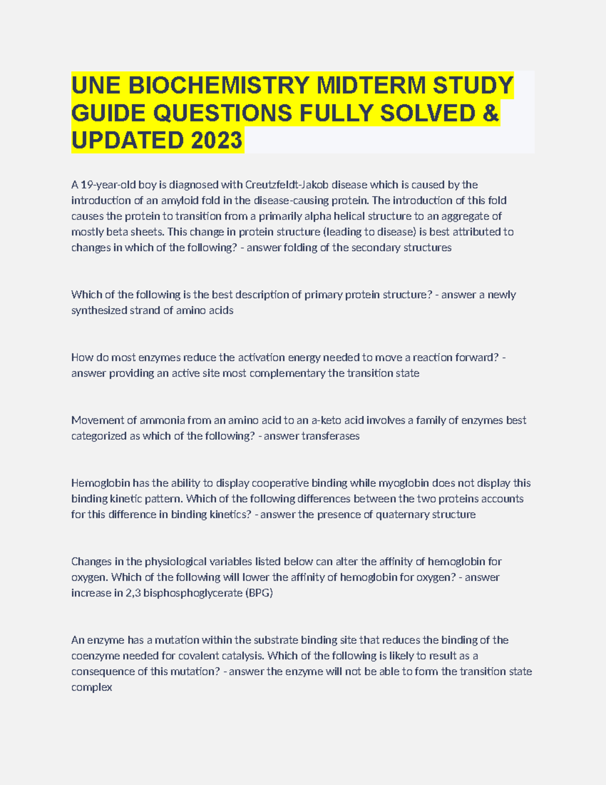 UNE Biochemistry Midterm Study Guide: Fully Solved Q&As for 2023 - Studocu