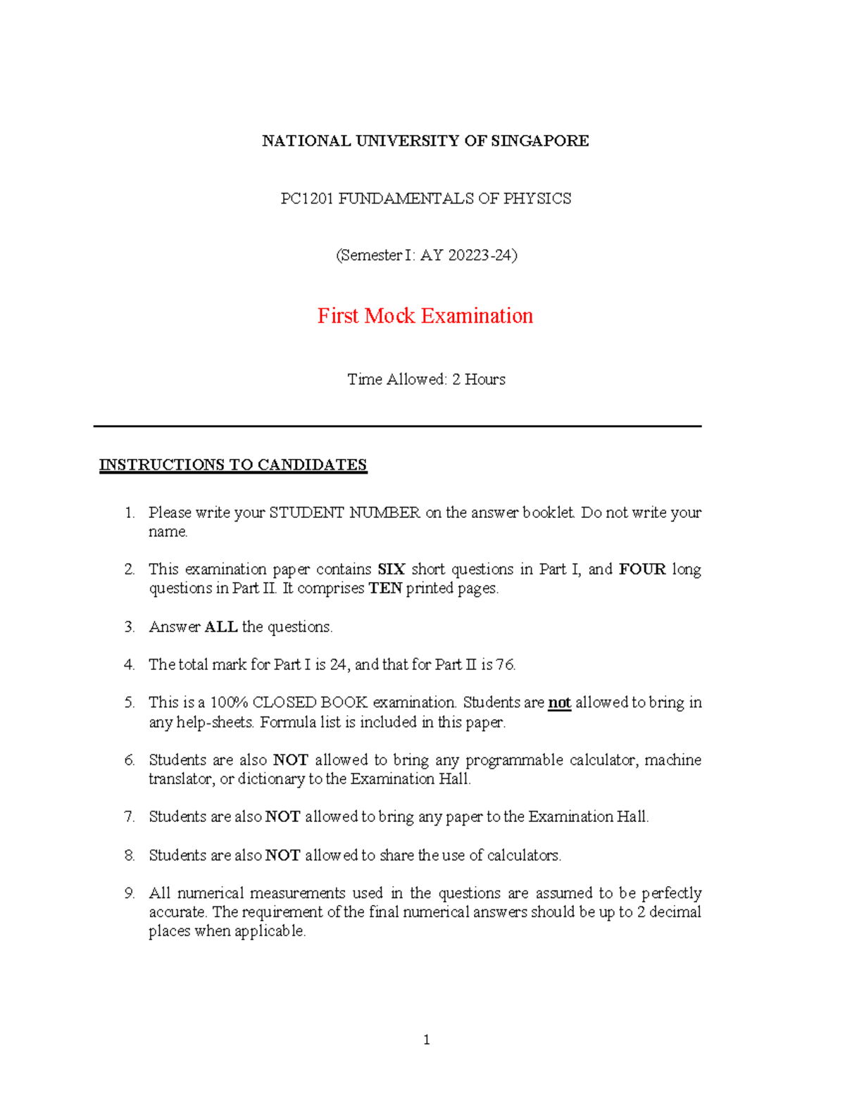 PC1201 Fundamentals of Physics: Practice Paper 1 Questions - Studocu